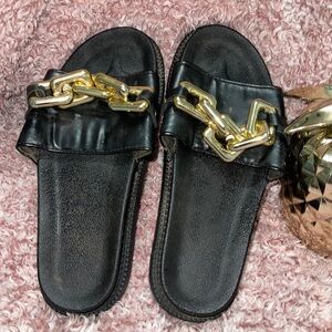 Black Slides with Gold Chain Accent